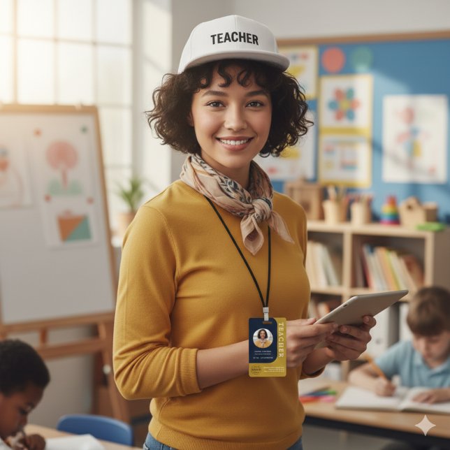 Badge de professeur bleu marron avec QR et photo (Blue Brown Teacher Name Badge with QR and Photo)