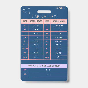Badge de référence rapide des valeurs de laboratoi