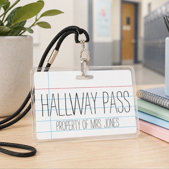Badge de sortie personnalisé pour enseignant (Personalized classroom hall pass badge. Customize with your teacher name for easy classroom use.)