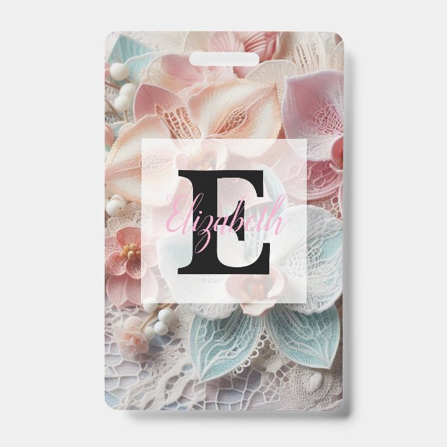 Badge Dentelle de monogramme fleurs d'orchidée rose past (Avant)