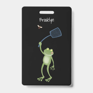 Badge Dessin animé drôle de grenouille verte qui chasse