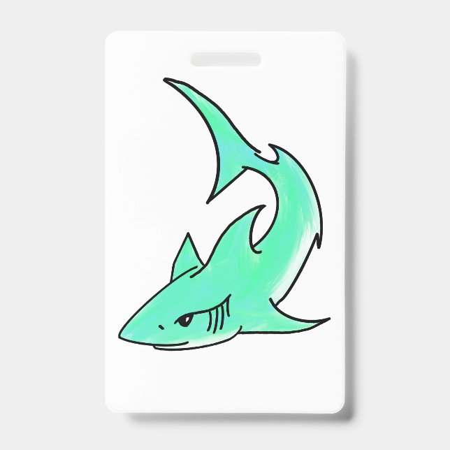 Badge dessin souriant requin menthe bleu vert océan anim (Front)