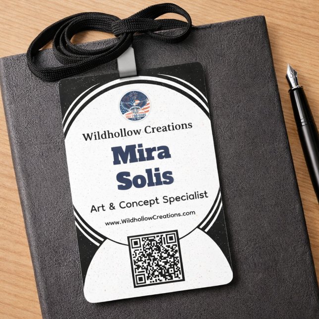Badge d'événement de conférence d'affaires (Modern event badge with QR code, bold name layout, and clean professional conference design)