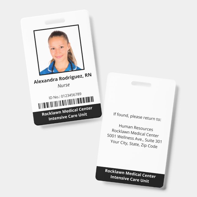 Badge d'hôpital avec code-barres et photo personna (Avant & arrière)