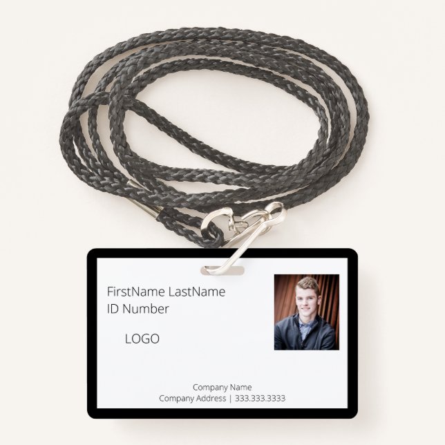 Badge d'ID employé noir professionnel avec code ba (Devant avec lanière)