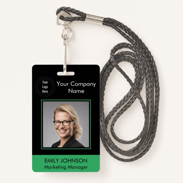 Badge d'ID photo de l'employé | Noir et vert | Cod (Devant avec lanière)