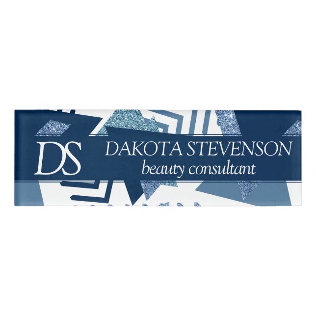 Badge D'identification 80s Luxe Abstrait | Monogramme Turquoise et Navy (Devant)