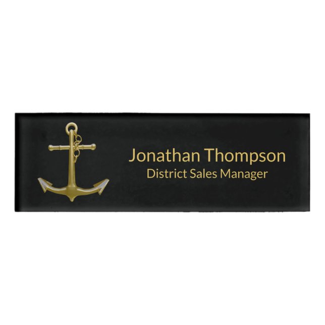 Badge D'identification Ancre classique en or nautique sur noir (Devant)