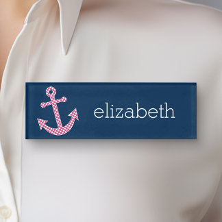 Badge D'identification Ancre de point rose Polka avec nom personnalisé Na