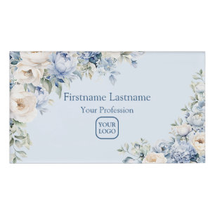 Badge D'identification Aquarelle bleu Dusty Fleurs d'ivoire Feuille Rusti