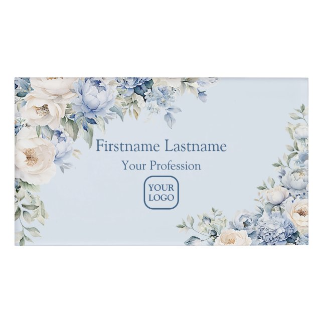 Badge D'identification Aquarelle bleu Dusty Fleurs d'ivoire Feuille Rusti (Devant)