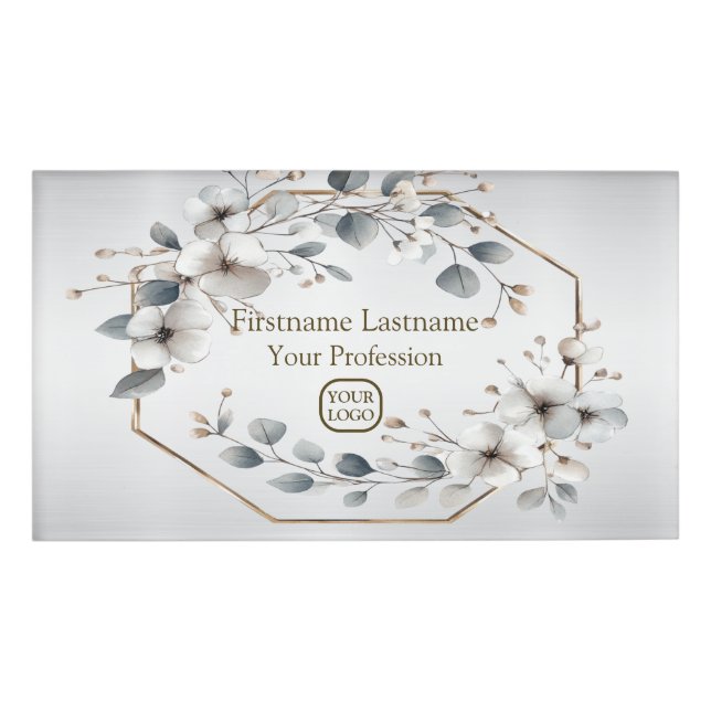 Badge D'identification Aquarelle Fleurs blanches Cadre doré Argent Turquo (Devant)