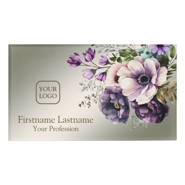 Badge D'identification Aquarelle violet rose Fleurs Golden Elegant (Devant)