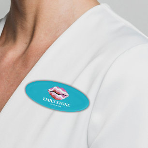 Badge D'identification baiser branché turquoise & lèvres rose Nom Balise