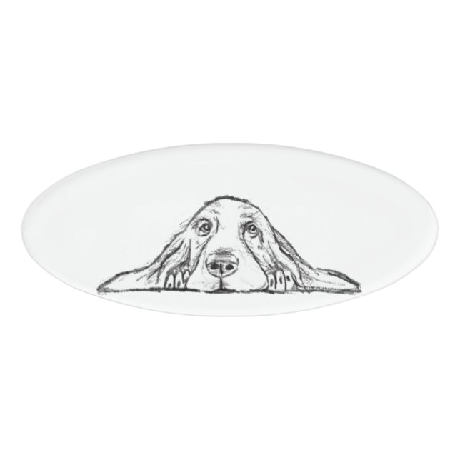 Badge D'identification basset hound noir blanc yeux de chiot simple  (Devant)