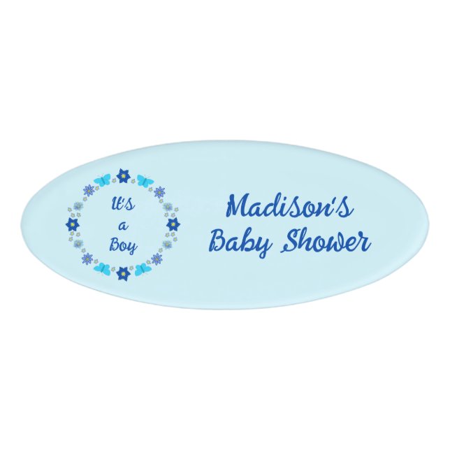Badge D'identification Bébé bleu Papillons et Baby shower de fleurs (Devant)