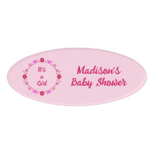 Badge D'identification Bébé rose Baby shower papillons et fleurs