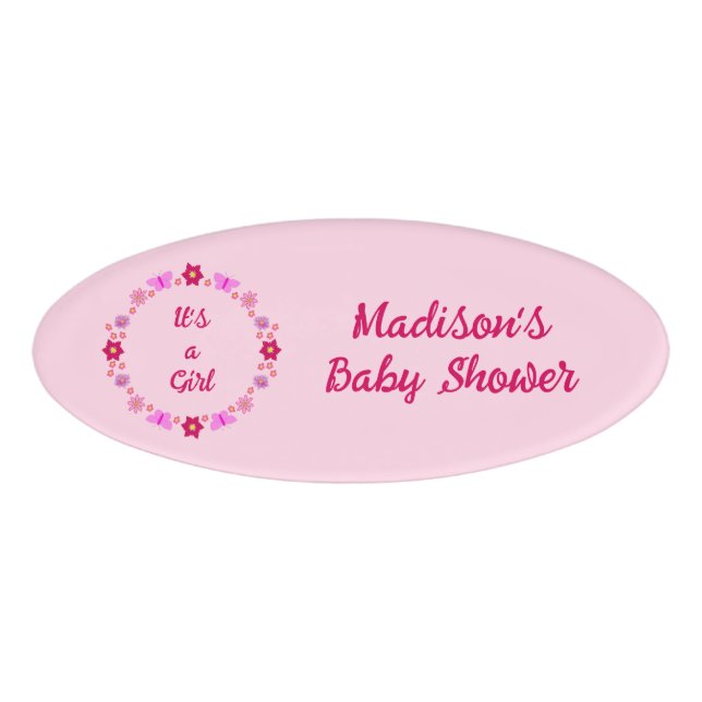 Badge D'identification Bébé rose Baby shower papillons et fleurs (Devant)