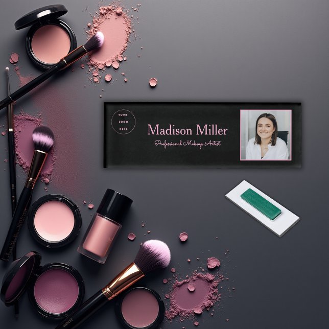 Badge D'identification Black Blush Pink Your Logo Photo Makeup (Créateur téléchargé)