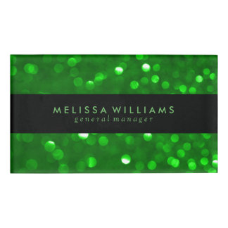 Badge D'identification Black & Modern Green Bokeh Glitter Texture