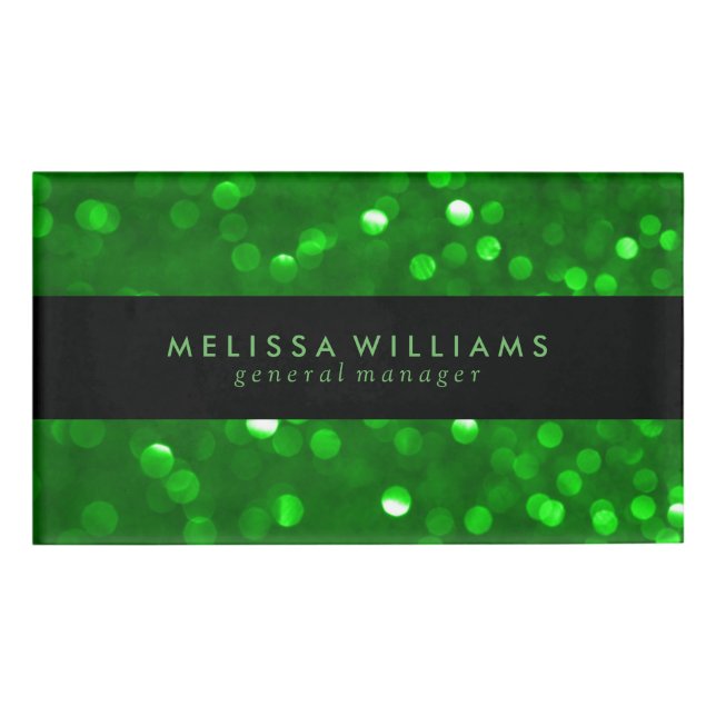 Badge D'identification Black & Modern Green Bokeh Glitter Texture (Devant)