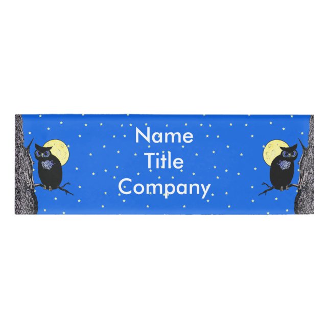 Badge D'identification Black Night Owl Illustration Yellow Moon Stars (Devant)