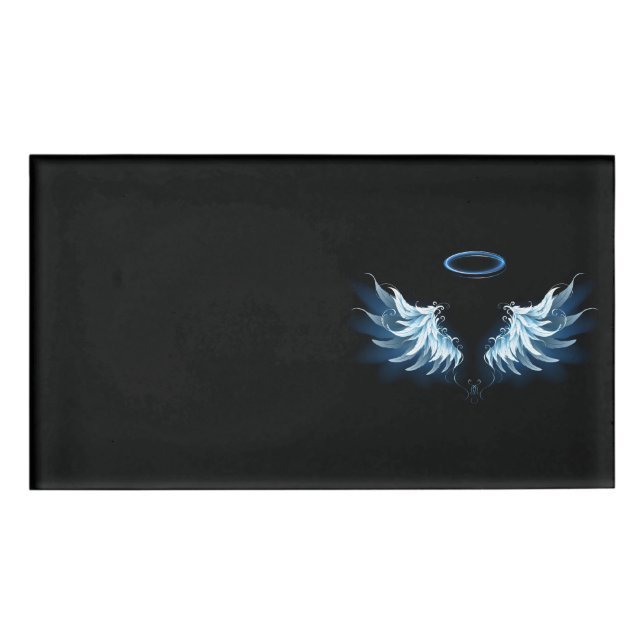 Badge D'identification Blue Glowing Angel Wings on black background (Devant)