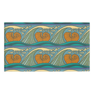 Badge D'identification Blue Ocean Waves Nautilus Seashell Motif Nouveau