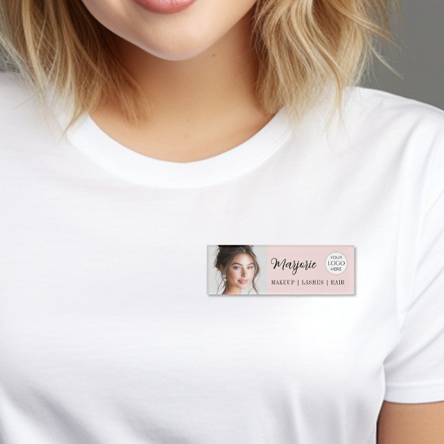 Badge D'identification Blush Pink Script Logo Photo Makeup (elegant blush pink black makeup salon add your own logo magnetic name tag)