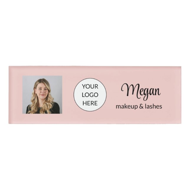 Badge D'identification Blush Rose Logo Script Photo Maquillage (Devant)