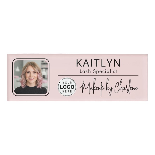 Badge D'identification Blush Rose Logo Script Photo Maquillage (Devant)