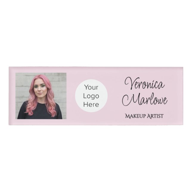 Badge D'identification Blush Rose Logo Script Photo Maquillage (Devant)