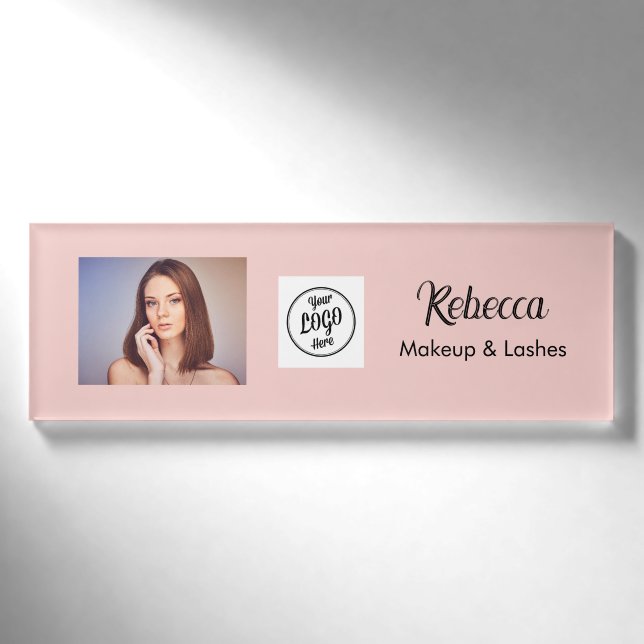Badge D'identification Blush Rose Logo Script Photo Maquillage (Devant)