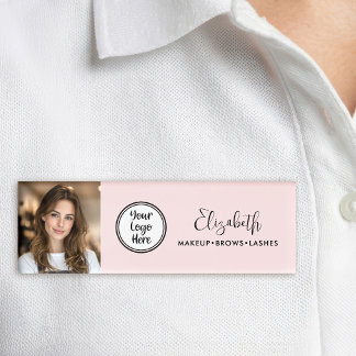 Badge D'identification Blush Rose Script Photo Ajoutez Votre Logo Salon d