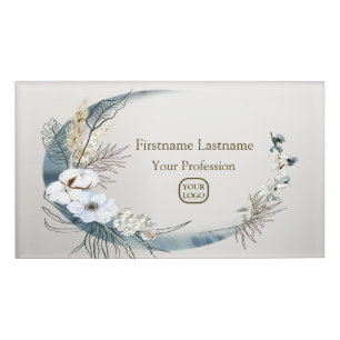 Badge D'identification Boho Blanc Orchidée Fleurs Bleu Lune Élégant