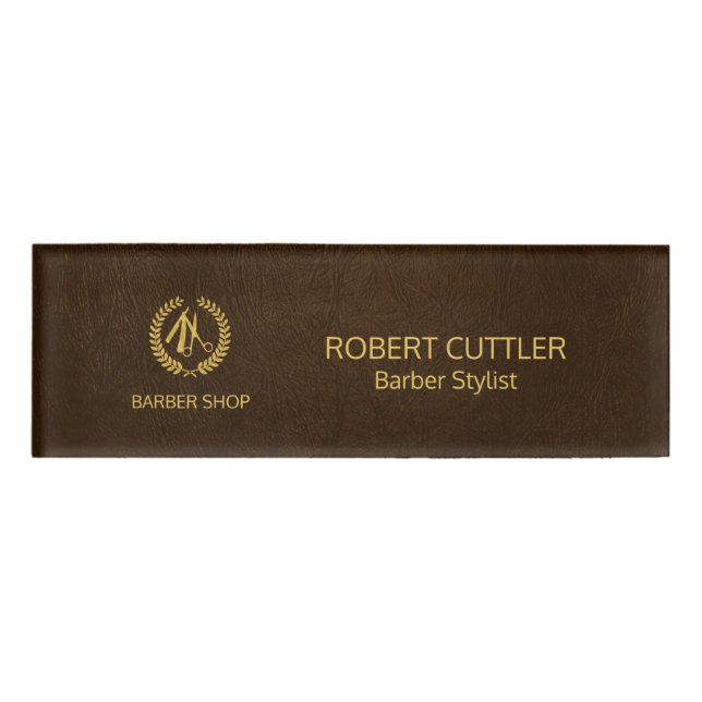 Badge D'identification Boutique de luxe en cuir marron foncé look or (Devant)