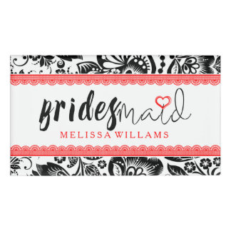 Badge D'identification Bridesmaid noir & blanc Damas Rouge Accents de den