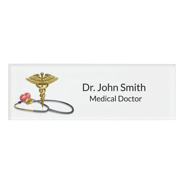 Badge D'identification Caducée d'or & Stéthoscope médical avec Cœur (Devant)