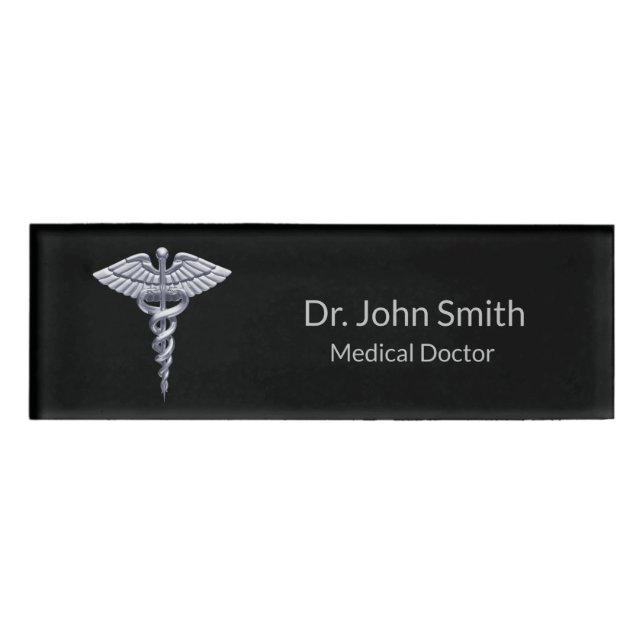 Badge D'identification Caducée Médicale en argent sur Black Classy (Devant)
