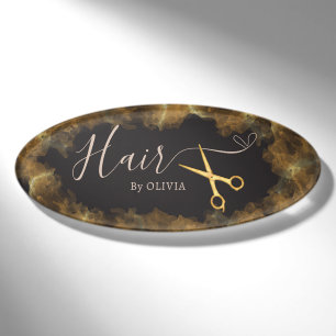 Badge D'identification Ciseaux dorés Coupe de cheveux roses Salon de beau