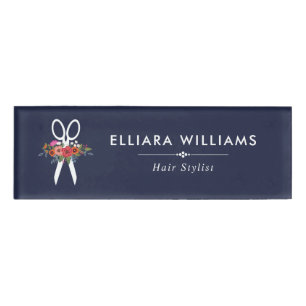 Badge D'identification Ciseaux floraux - Liste de stylo de cheveux bleu m