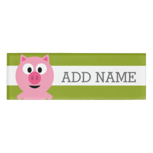 Badge D'identification Cochon de ferme en caricatures - rose et vert citr