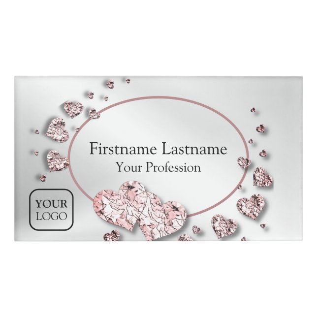 Badge D'identification Coeurs brillants rose Peach Géométrique Élégant (Devant)