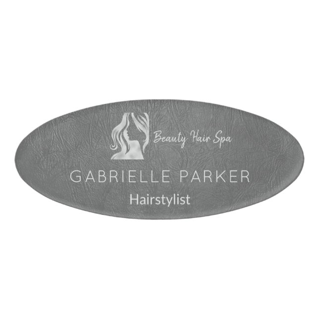 Badge D'identification Coiffeuse de luxe en cuir gris look logo en argent (Devant)