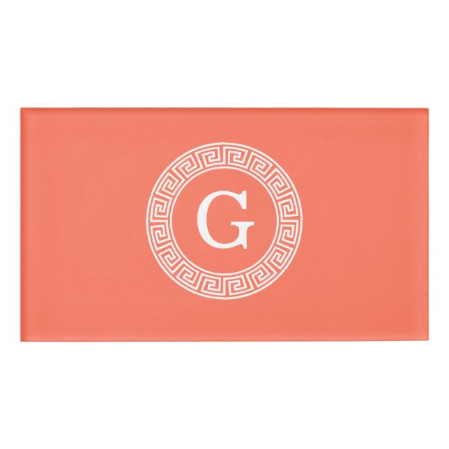 Badge D'identification Corail Blanc Grille Clé grecque Cadre initial Mono (Devant)