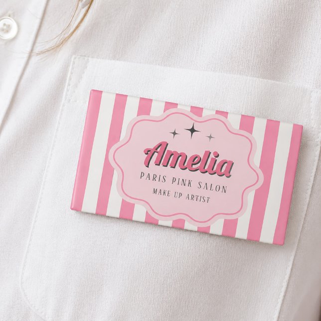 Badge D'identification Cosmétologie rayée rose rétro (Retro Pink Striped Cosmetology Name Tag)