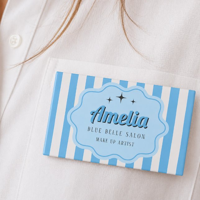 Badge D'identification Cosmétologie Rayures Bleues Rétro (Retro Blue Striped Cosmetology Name Tag)