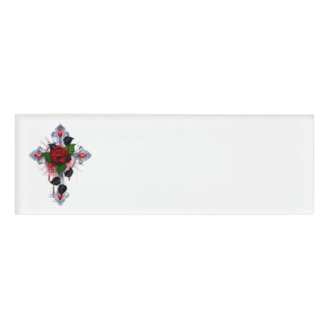 Badge D'identification Croix d'argent avec une rose rouge (Devant)