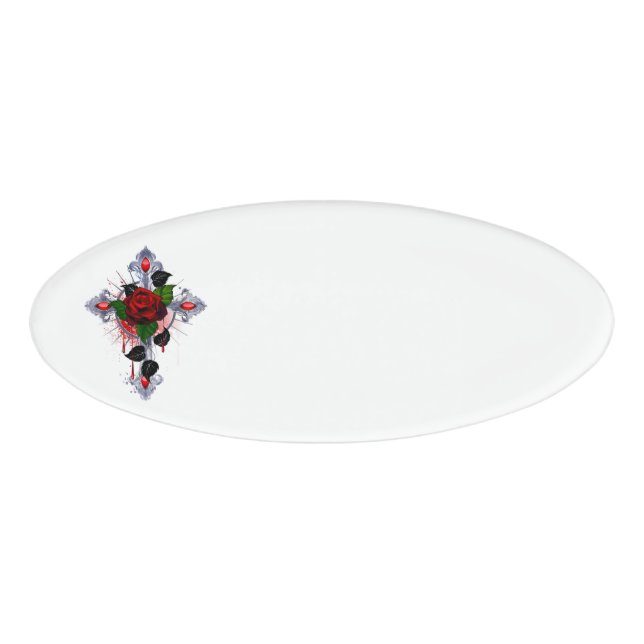 Badge D'identification Croix d'argent avec une rose rouge (Devant)