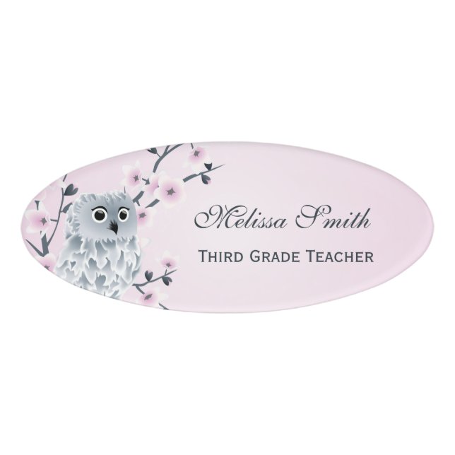 Badge D'identification Cute Owl Cherry Blossoms Enseignant (Devant)
